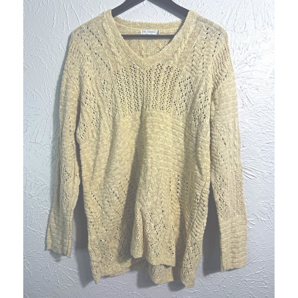 Erik Stewart Women's S Beige Linen Cotton Cable Open Knit V-Neck Sweater